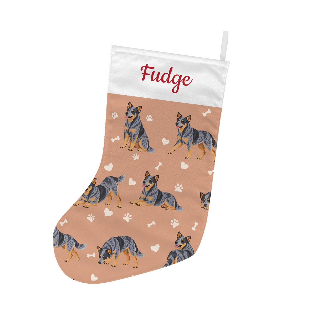Australian Cattle Dog Christmas stocking on peach background with example name Fudge in red script on the white cuff; view 2.