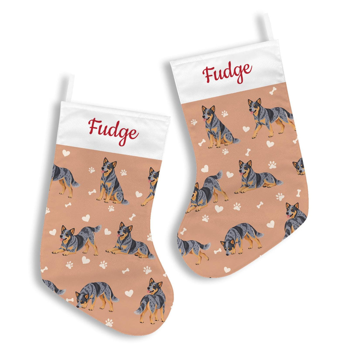 Australian Cattle Dog Christmas stocking on peach background with example name Fudge in red script on the white cuff; view 3.