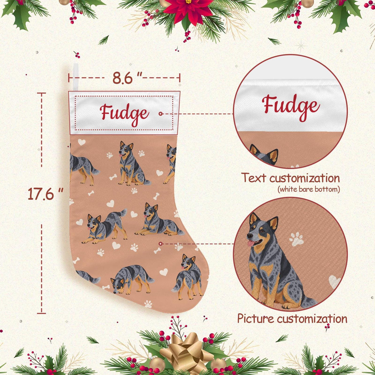 Australian Cattle Dog Christmas stocking on peach background with example name Fudge in red script on the white cuff; view 4.