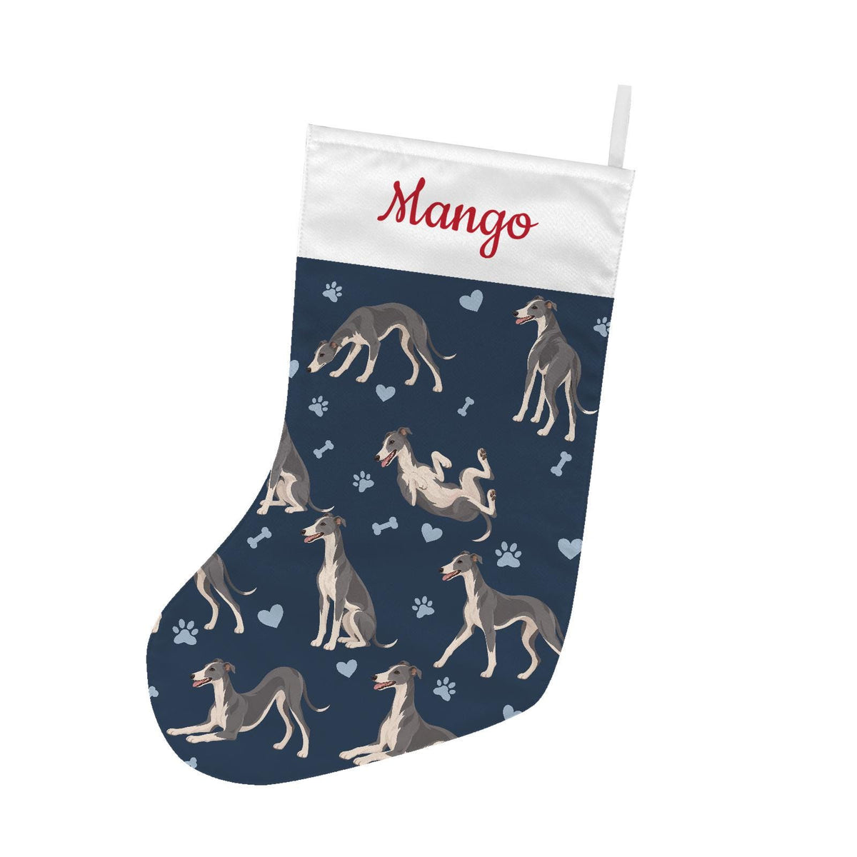 Whippet Christmas stocking on deep navy background with example name Mango in red script on the white cuff; view 2.
