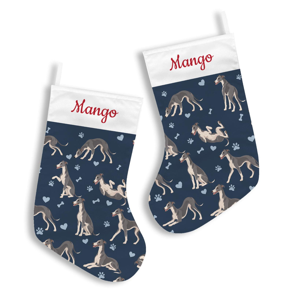 Whippet Christmas stocking on deep navy background with example name Mango in red script on the white cuff; view 3.