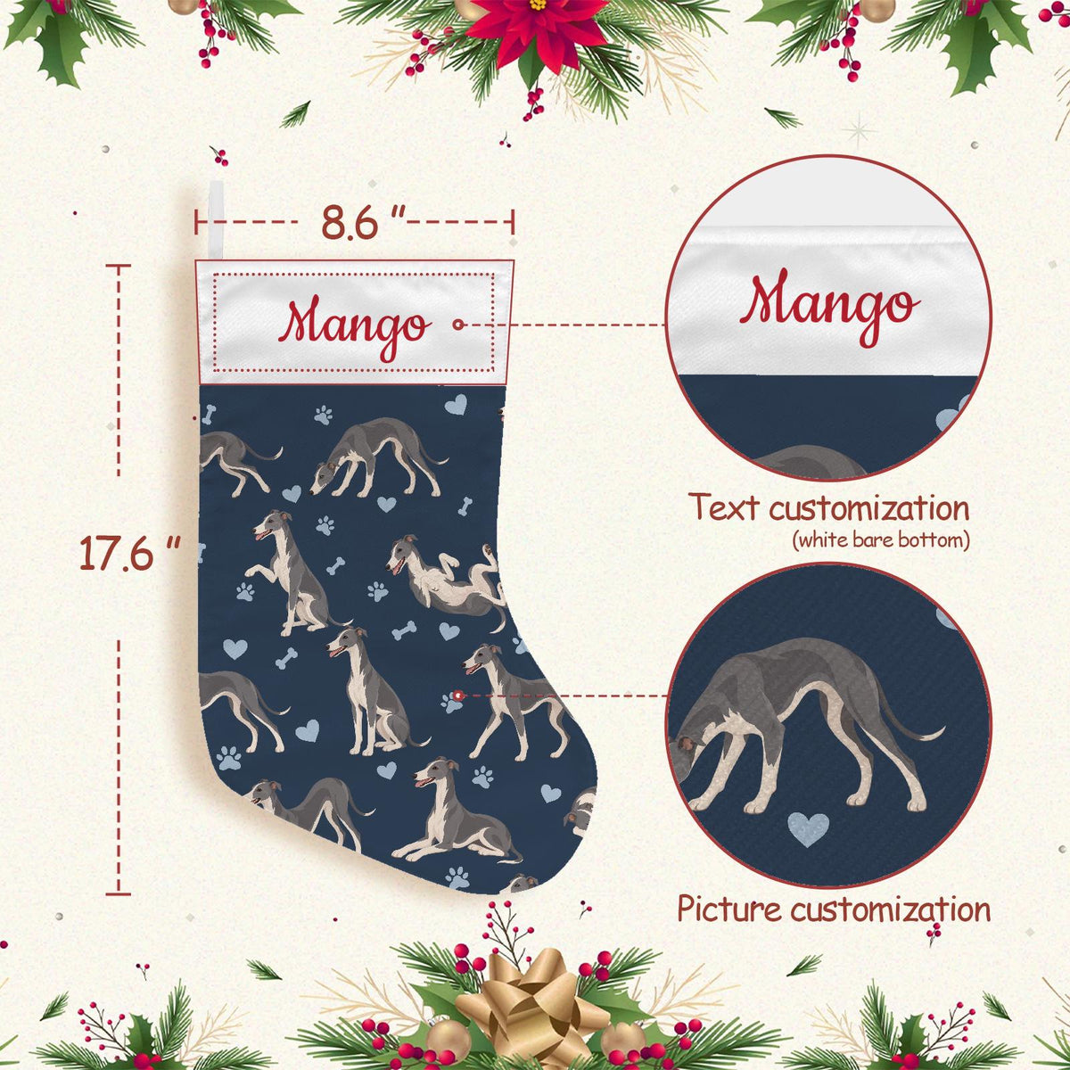 Whippet Christmas stocking on deep navy background with example name Mango in red script on the white cuff; view 4.