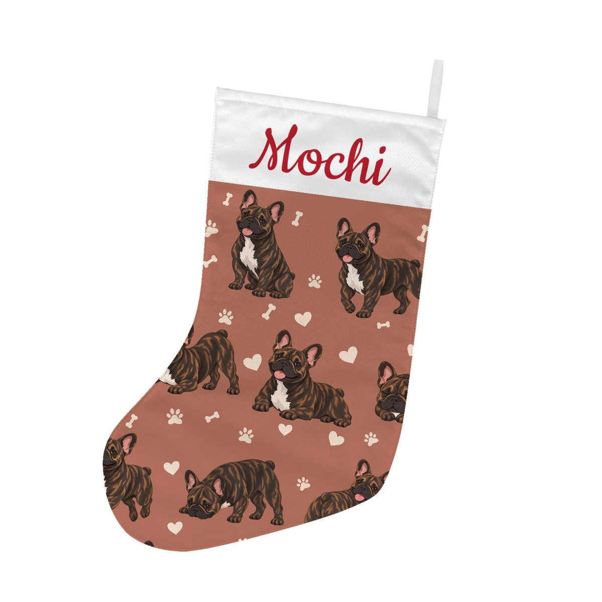 French Bulldog Brindle Christmas stocking on muted terracotta background with example name Mochi in red script on the white cuff; view 2.