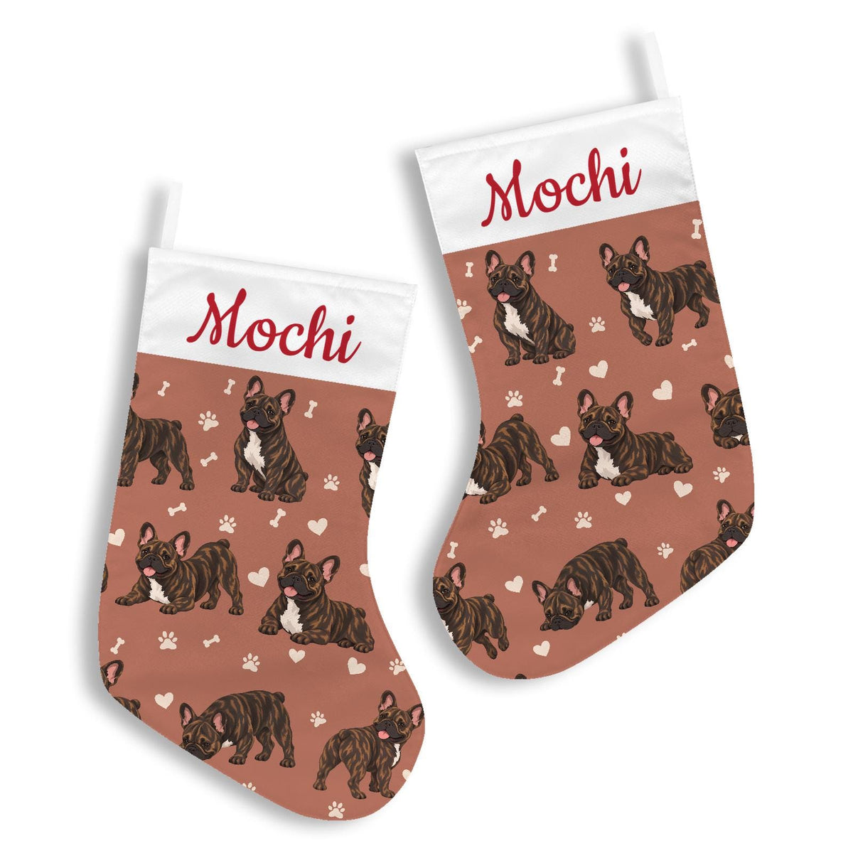 French Bulldog Brindle Christmas stocking on muted terracotta background with example name Mochi in red script on the white cuff; view 3.