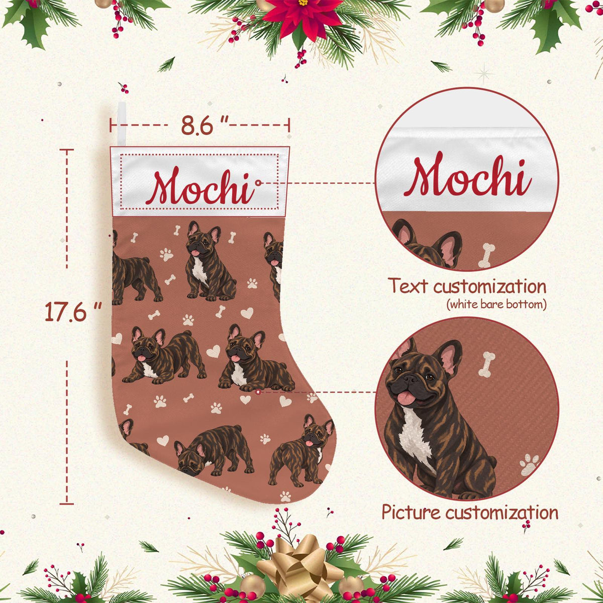 French Bulldog Brindle Christmas stocking on muted terracotta background with example name Mochi in red script on the white cuff; view 4.