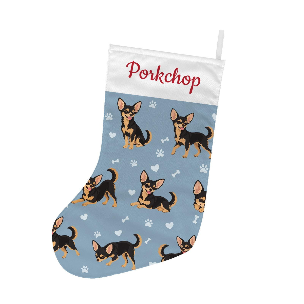 Chihuahua Black and Tan Christmas stocking on dusty blue background with example name Porkchop in red script on the white cuff; view 2.