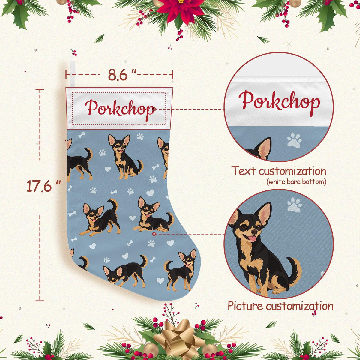 Chihuahua Black and Tan Christmas stocking on dusty blue background with example name Porkchop in red script on the white cuff; view 4.