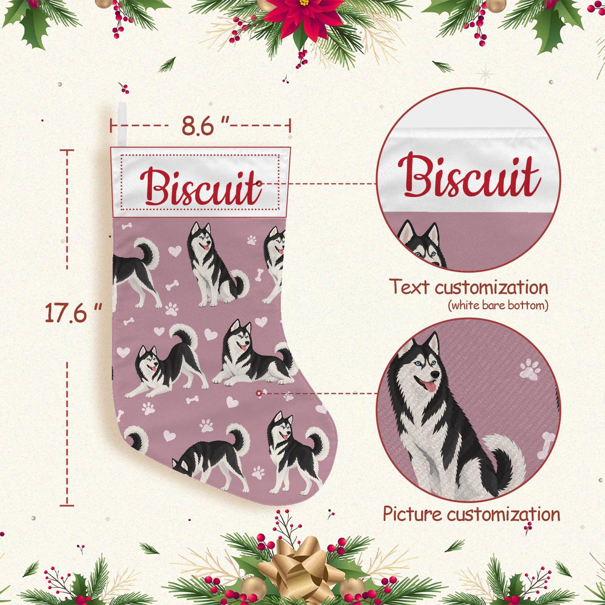 Siberian Husky Black and White Christmas stocking on dusty rose background with example name Biscuit in red script on the white cuff; view 4.