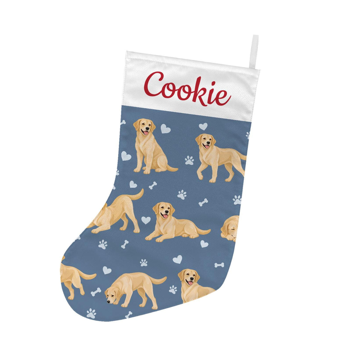 Labrador Retriever Yellow Christmas stocking on slate blue background with example name Cookie in red script on the white cuff; view 2.