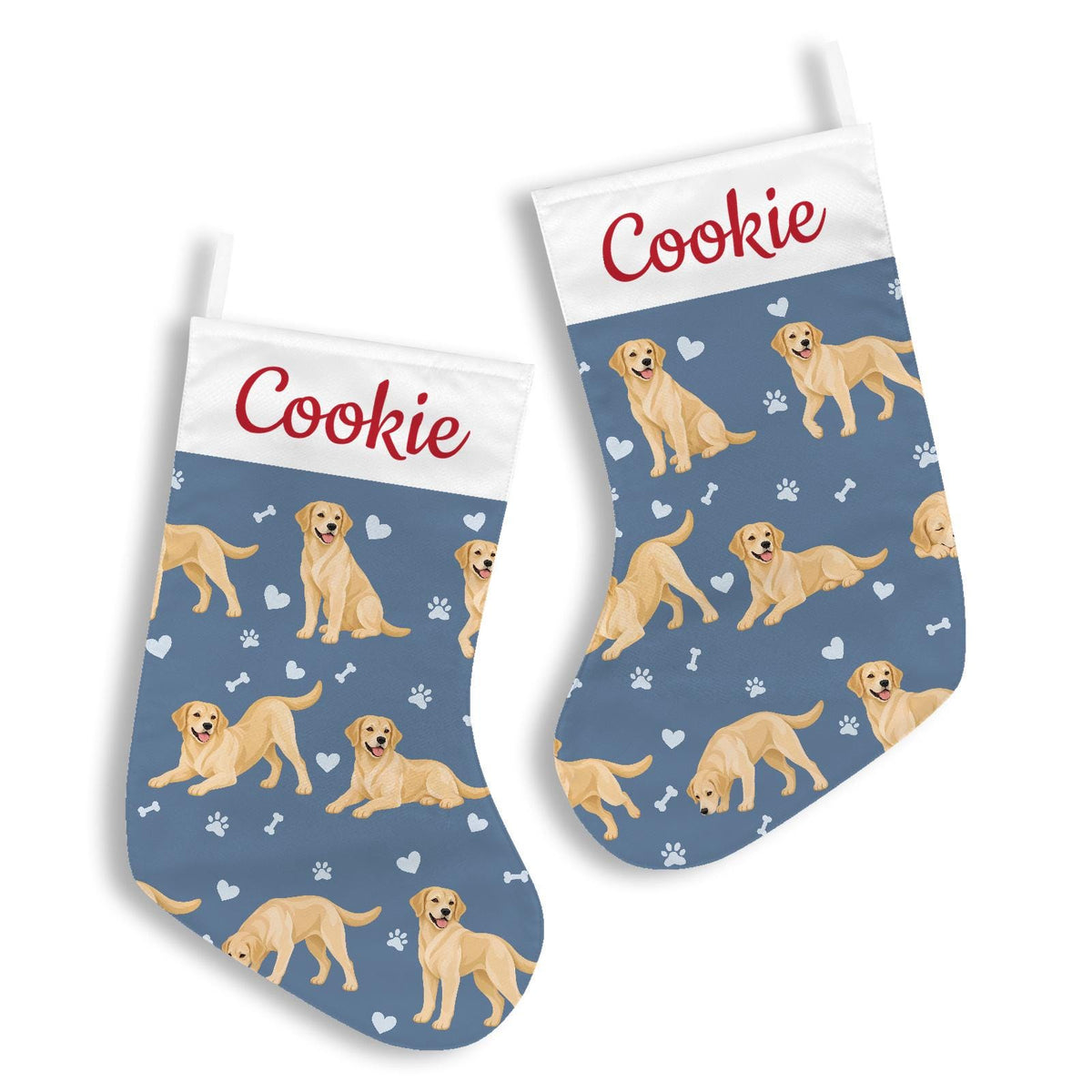 Labrador Retriever Yellow Christmas stocking on slate blue background with example name Cookie in red script on the white cuff; view 3.