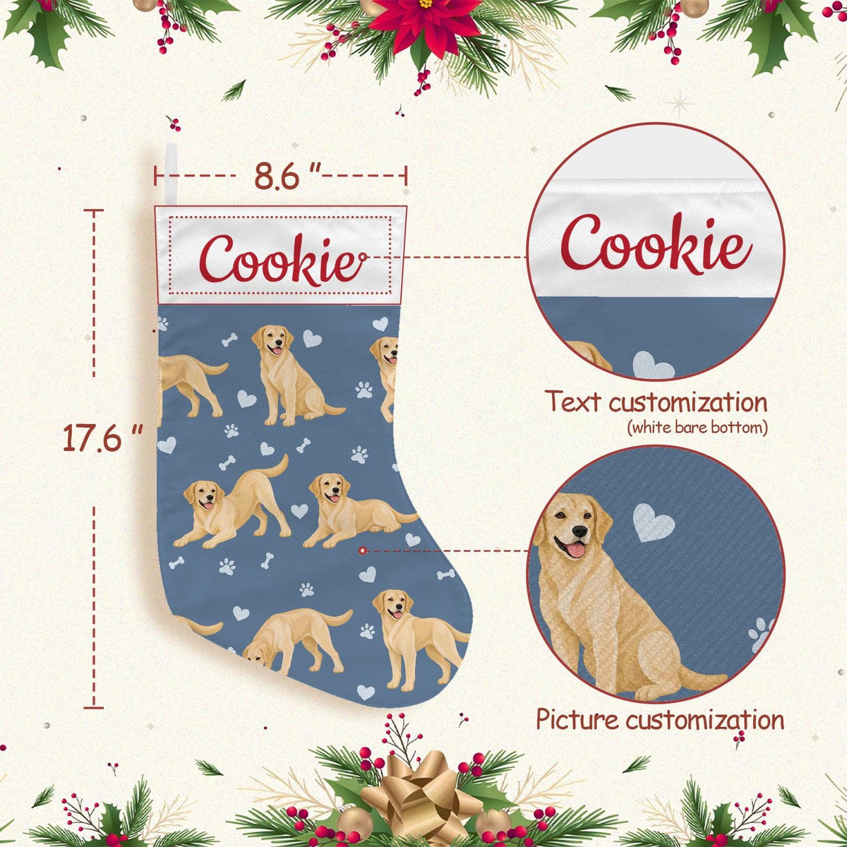 Labrador Retriever Yellow Christmas stocking on slate blue background with example name Cookie in red script on the white cuff; view 4.