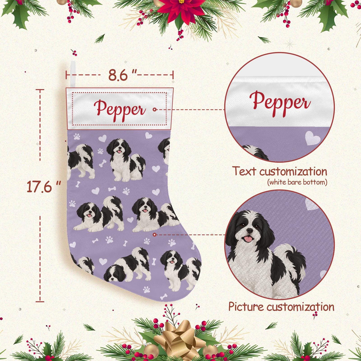Shih Tzu Black and White Christmas stocking on soft lavender background with example name Pepper in red script on the white cuff; view 4.
