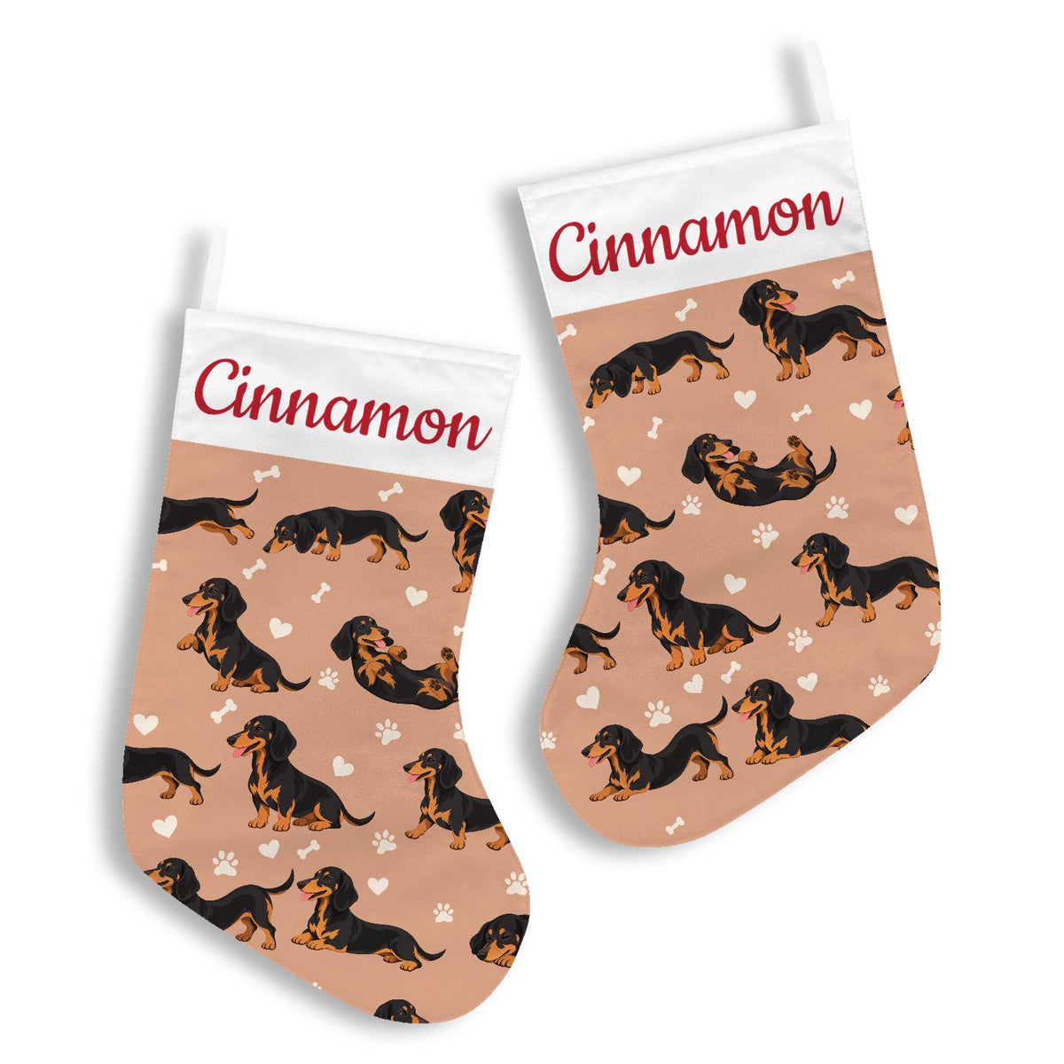 Dachshund Black and Tan Christmas stocking on peach background with example name Cinnamon in red script on the white cuff; view 3.