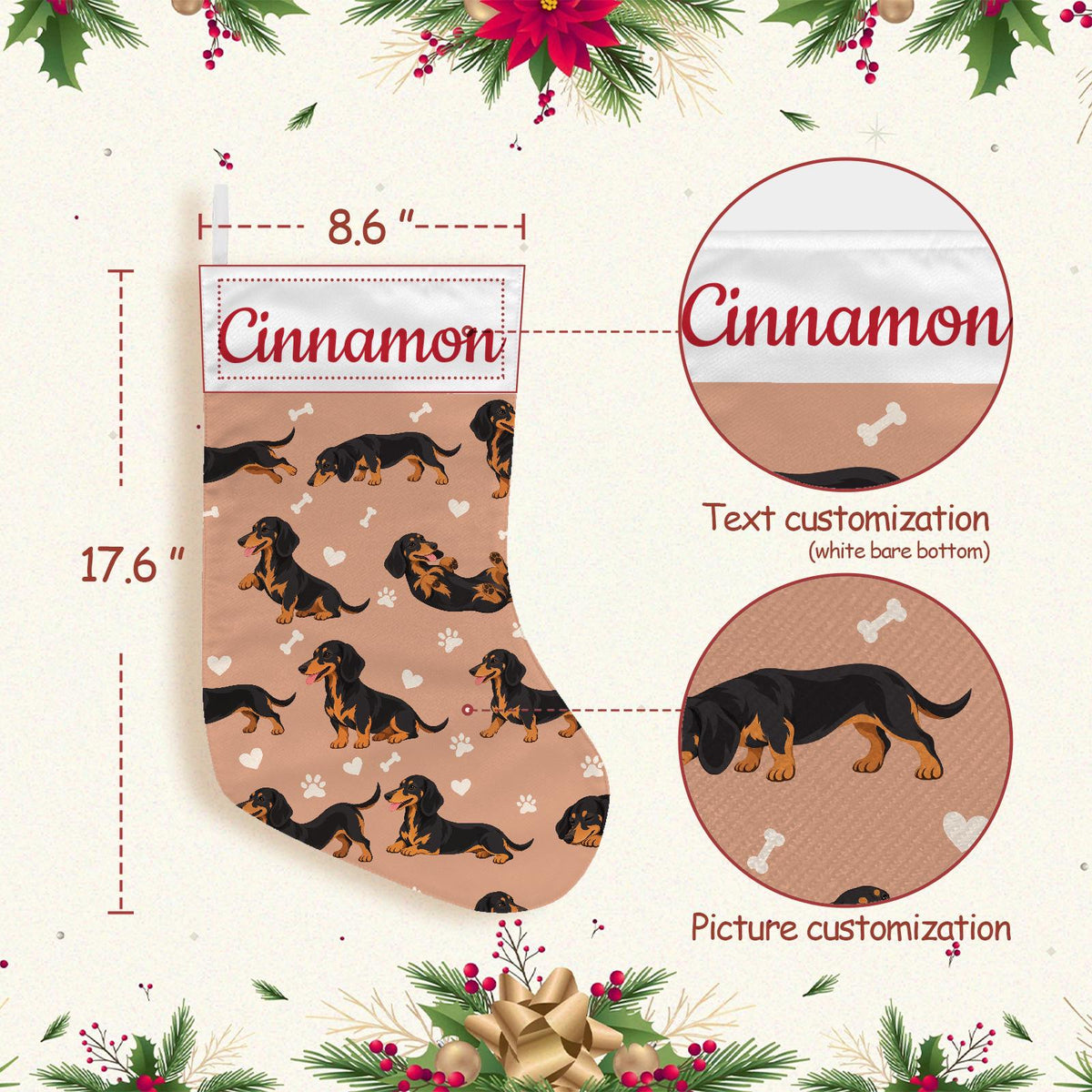 Dachshund Black and Tan Christmas stocking on peach background with example name Cinnamon in red script on the white cuff; view 4.