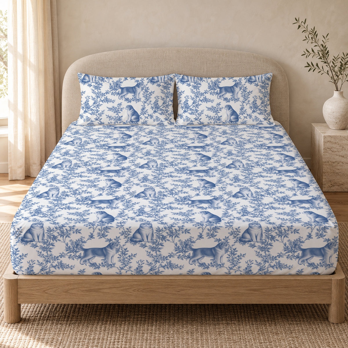 Scottish Fold toile bedding in Blue — Queen Bedroom