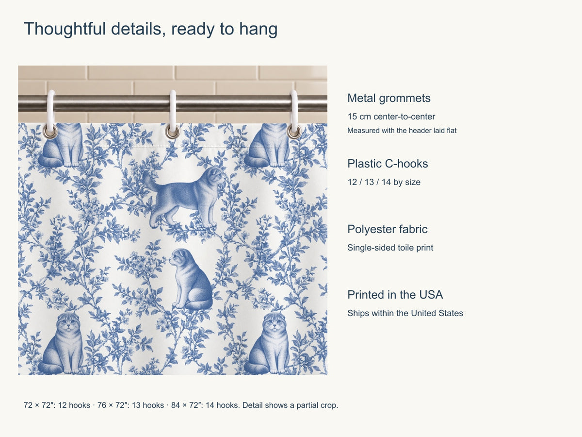 Scottish Fold toile shower curtain — Blue Product Features