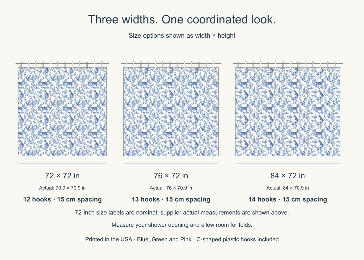 Scottish Fold toile shower curtain — Blue US Size Comparison