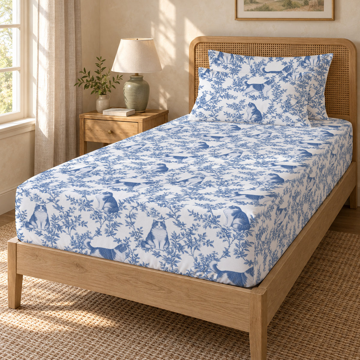 Selkirk Rex toile bedding in Blue — Twin Guest Room