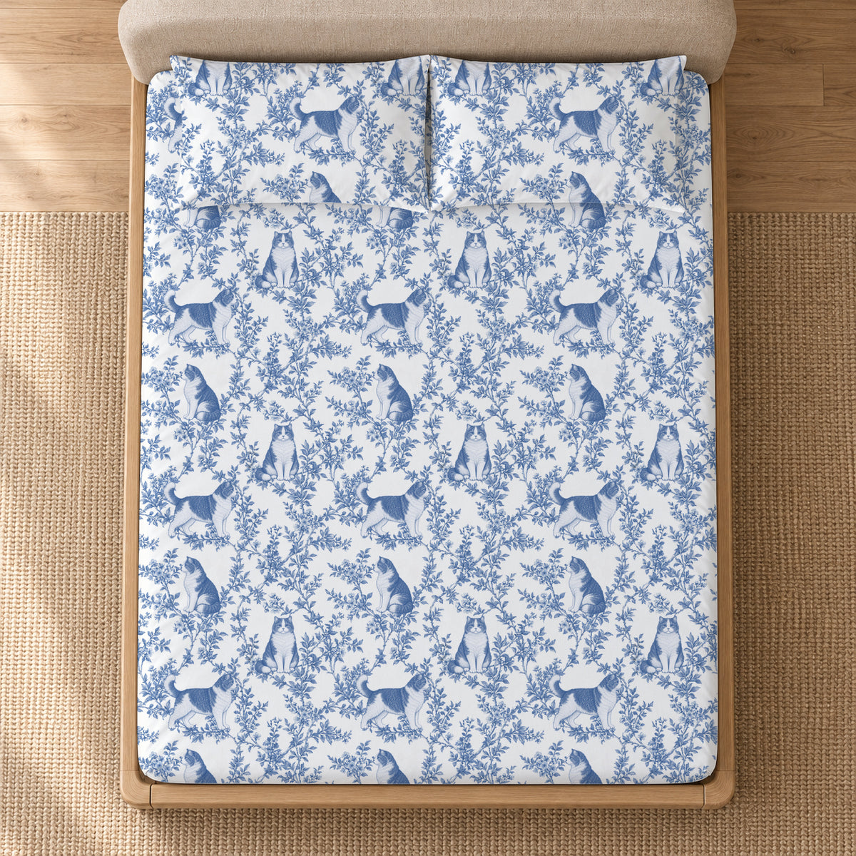Selkirk Rex toile bedding in Blue — Overhead