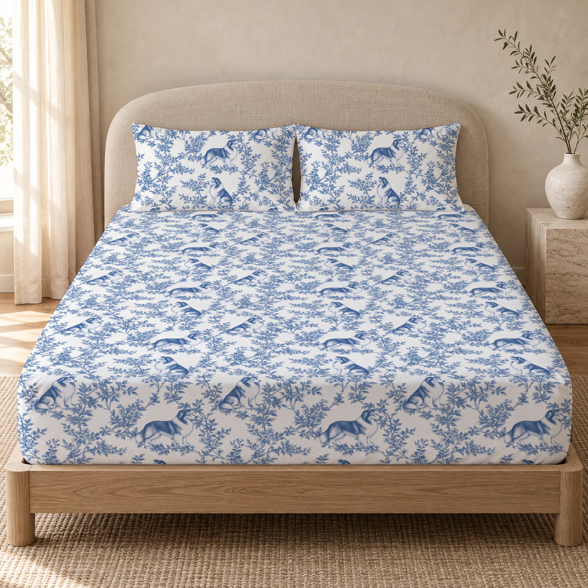 Shetland Sheepdog toile bedding in Blue — Queen Bedroom