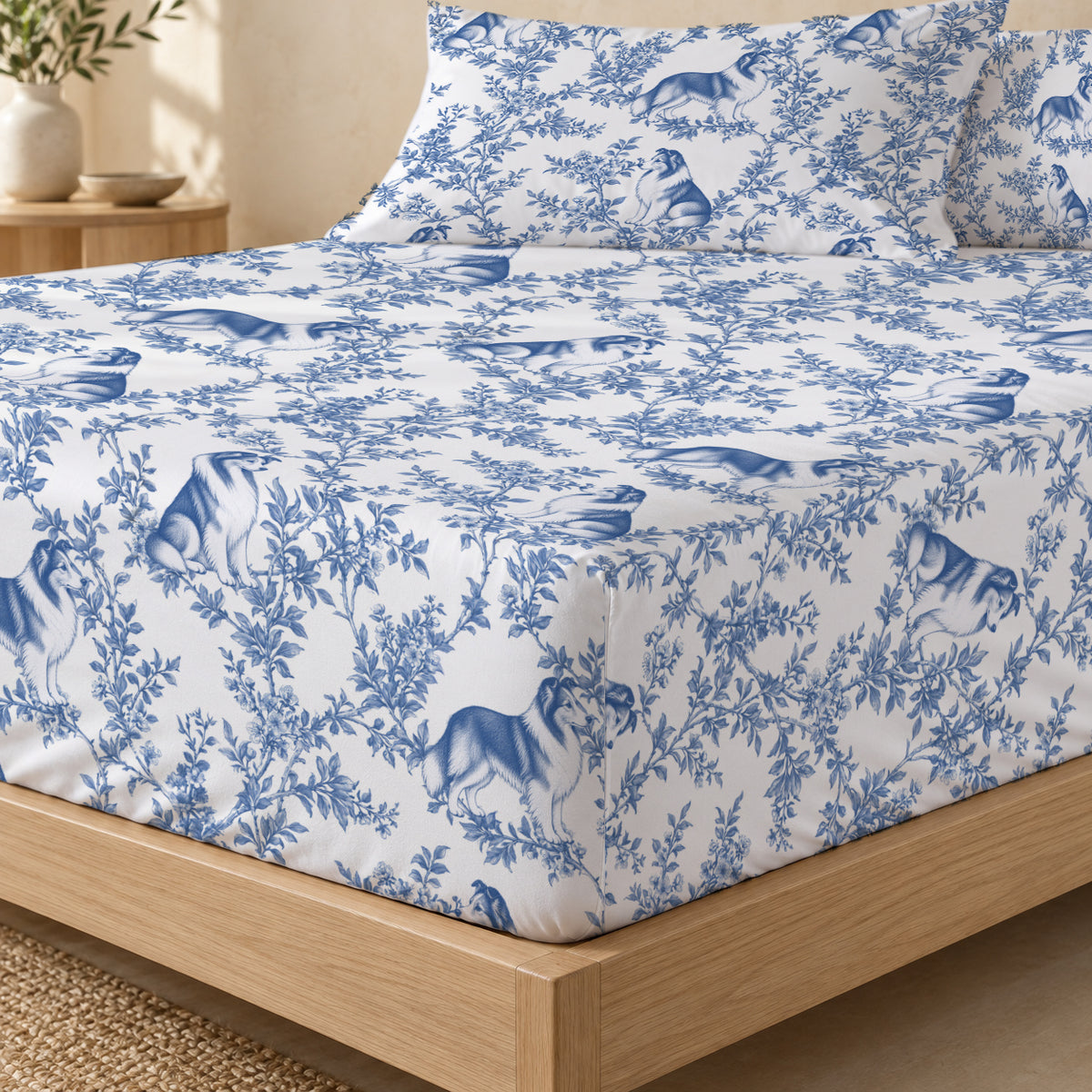 Shetland Sheepdog toile bedding in Blue — Fitted Corner