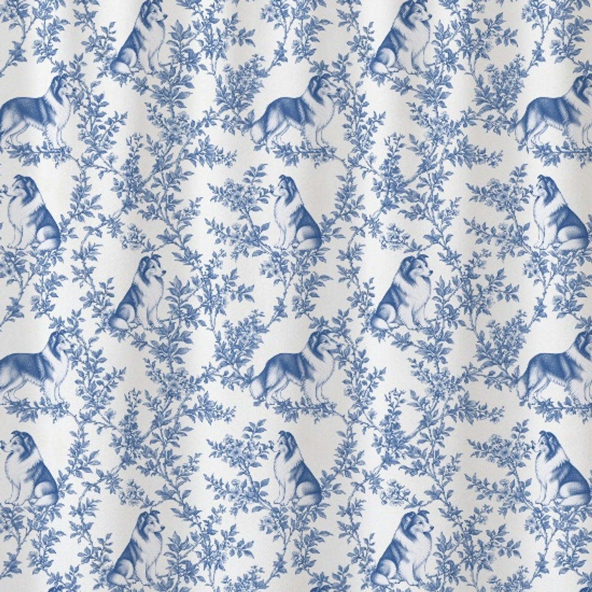 Shetland Sheepdog toile shower curtain — Blue Detail