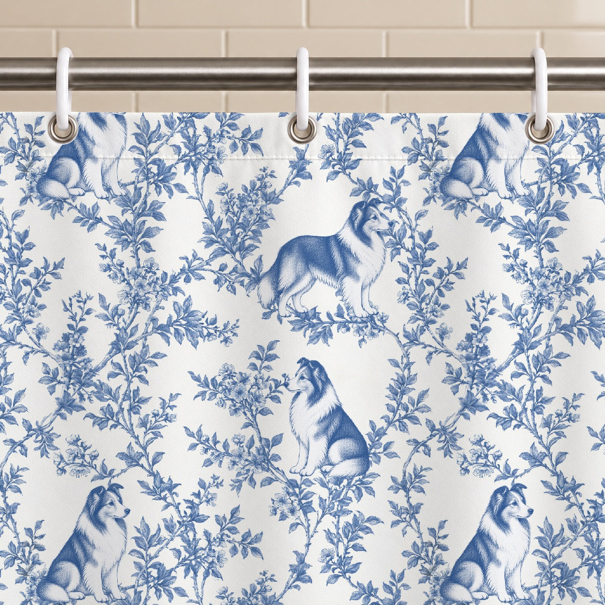 Shetland Sheepdog toile shower curtain — Blue Grommets and Hooks