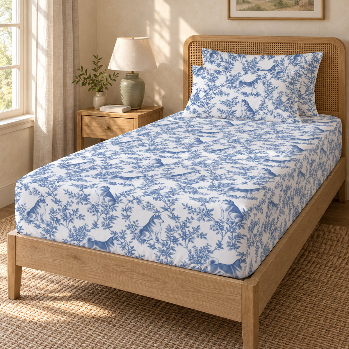 Shiba Inu toile bedding in Blue — Twin Guest Room