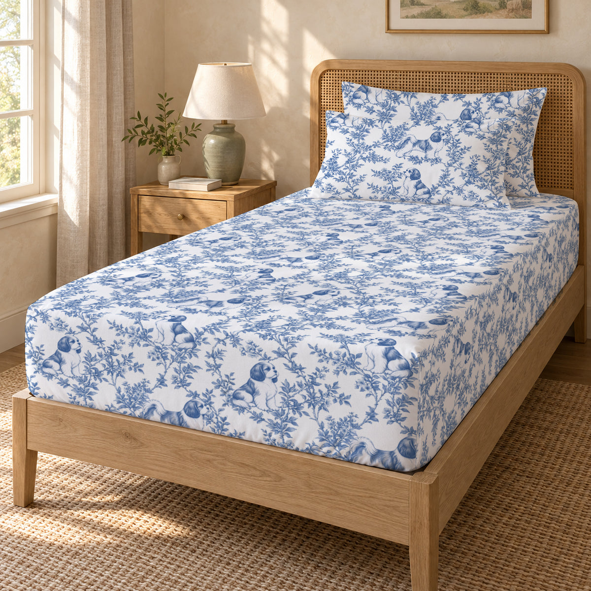Shih Tzu toile bedding in Blue — Twin Guest Room