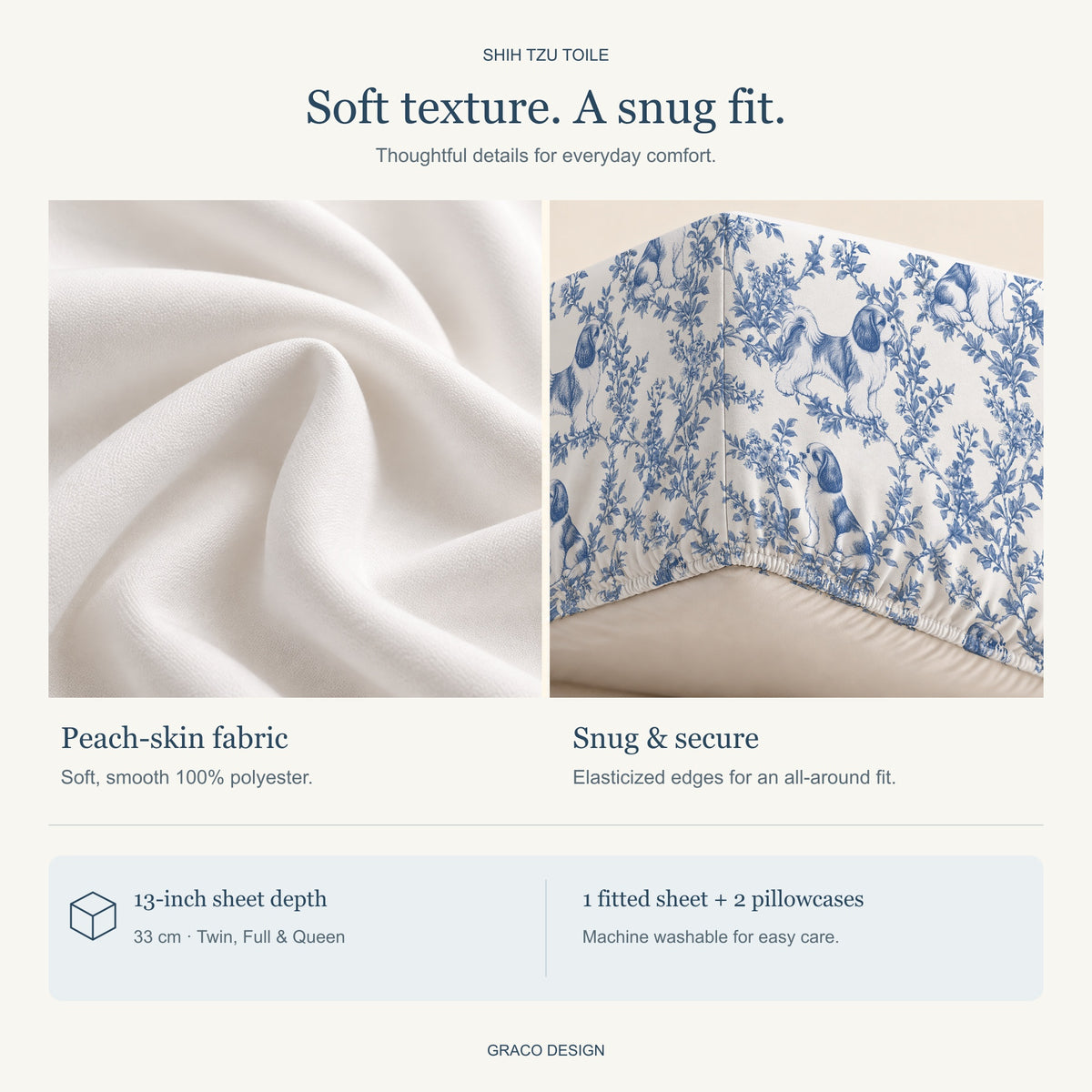 Shih Tzu toile bedding — peach-skin fabric and gathered elastic hem detail