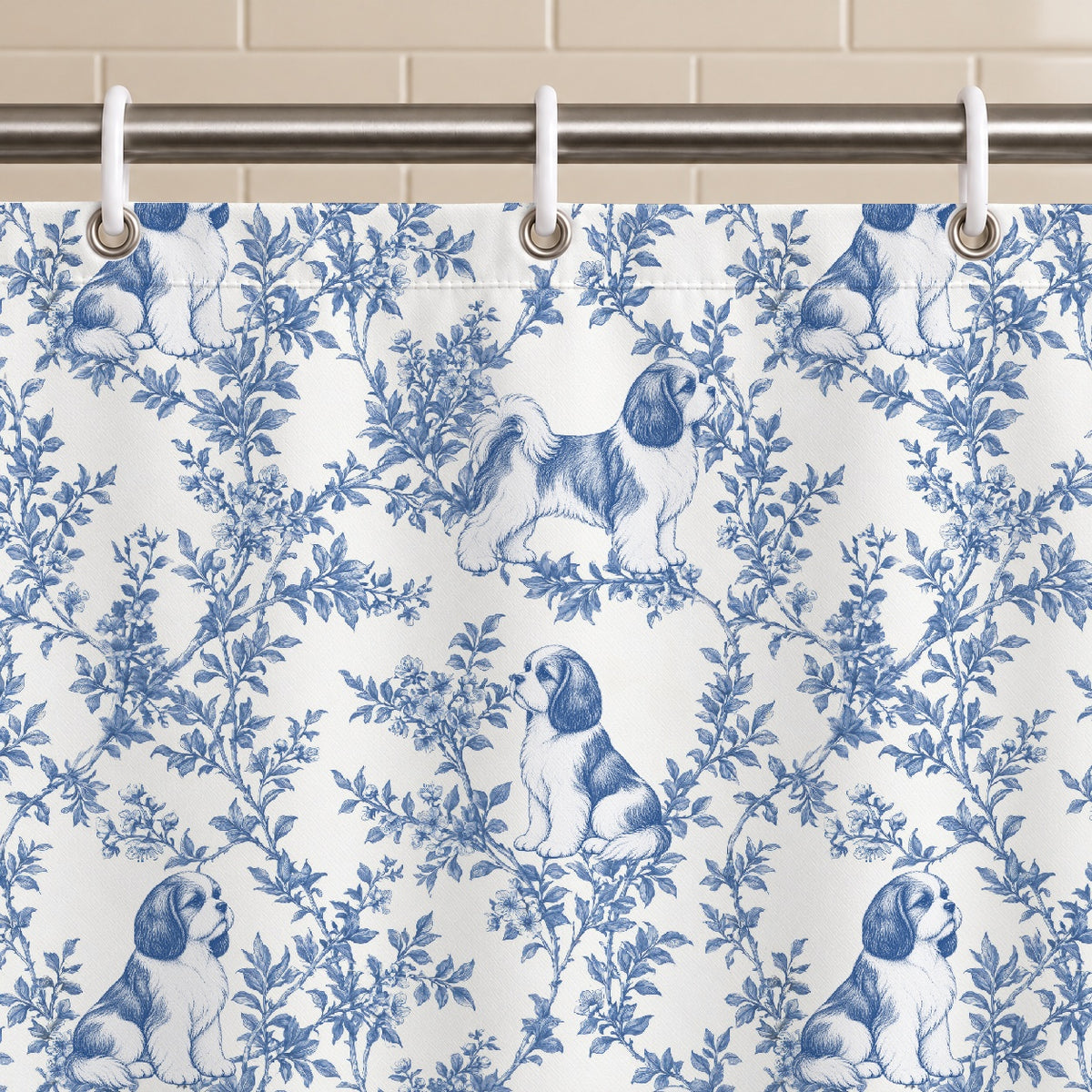 Shih Tzu toile shower curtain — Blue Grommets and Hooks