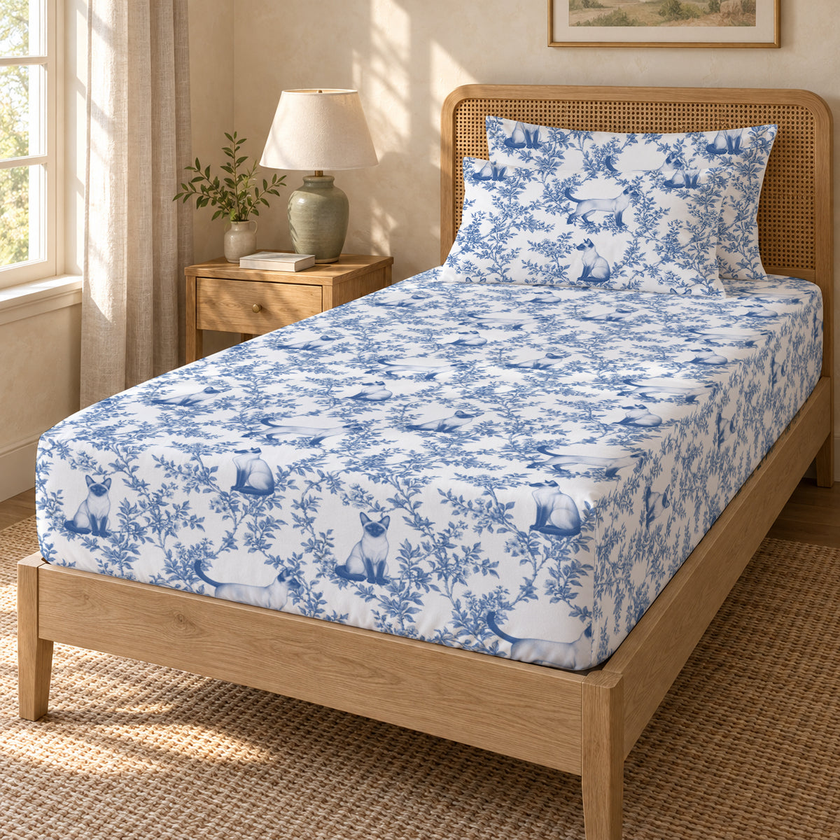 Siamese toile bedding in Blue — Twin Guest Room