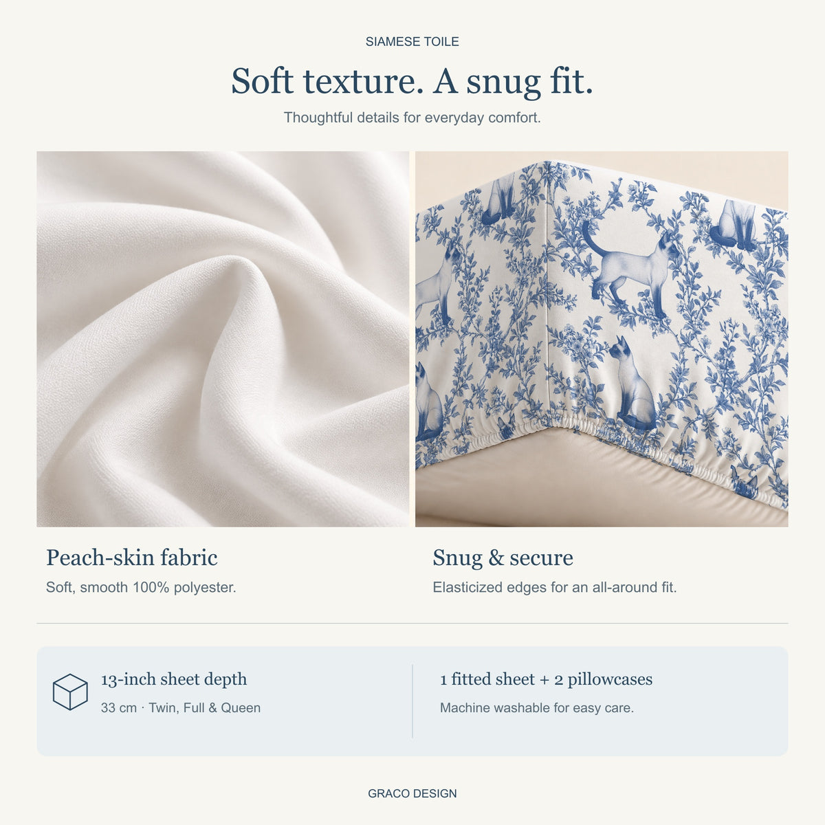 Siamese toile bedding — peach-skin fabric and gathered elastic hem detail