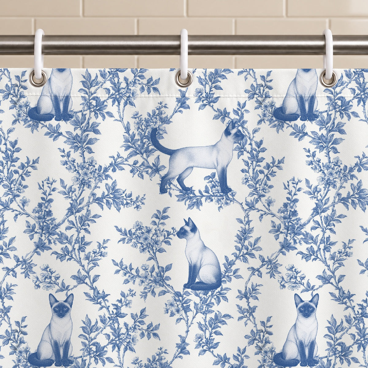 Siamese toile shower curtain — Blue Grommets and Hooks