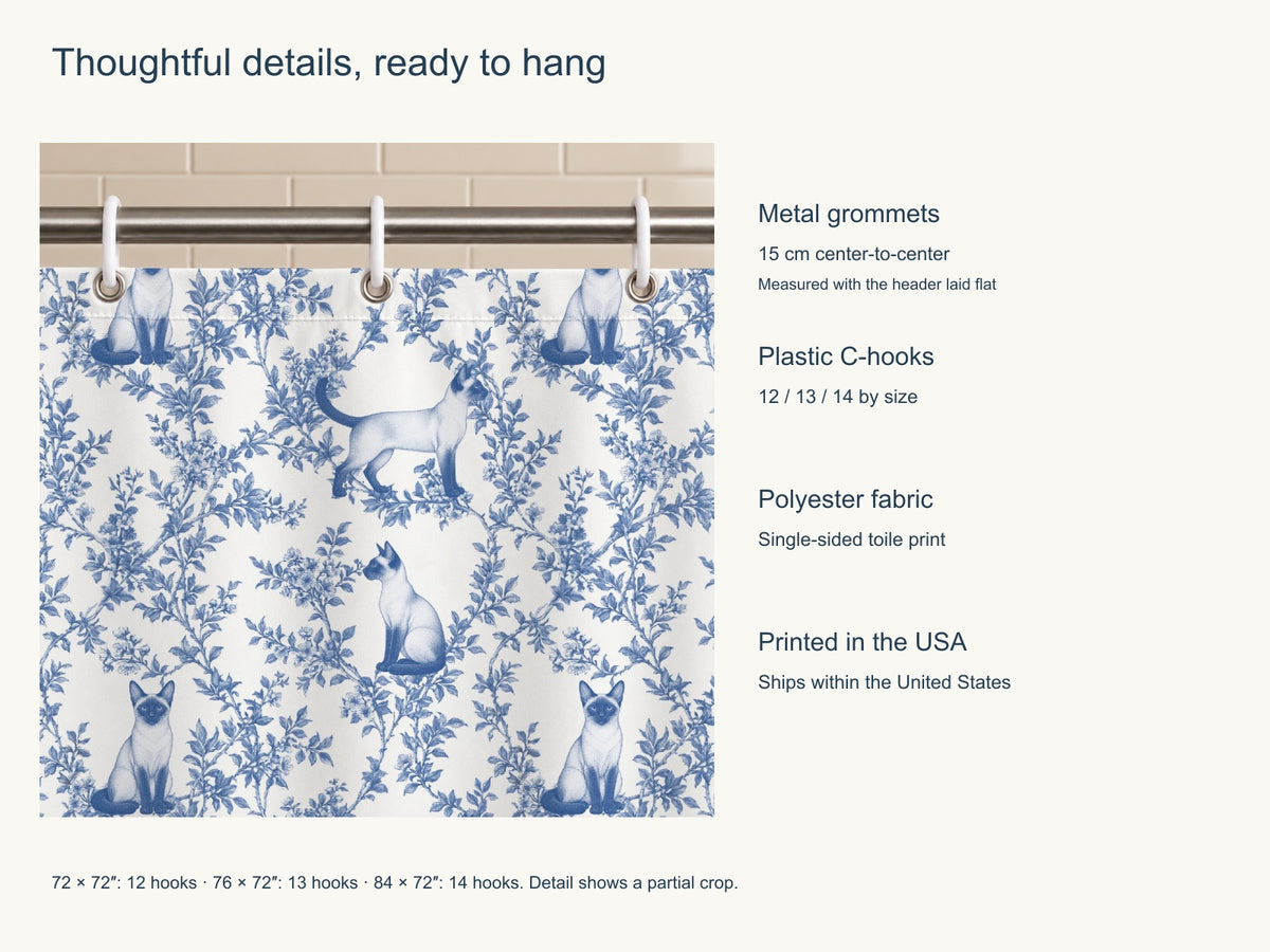 Siamese toile shower curtain — Blue Product Features