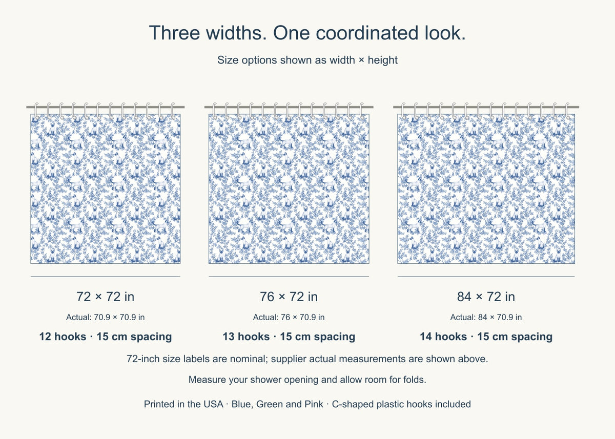Siamese toile shower curtain — Blue US Size Comparison