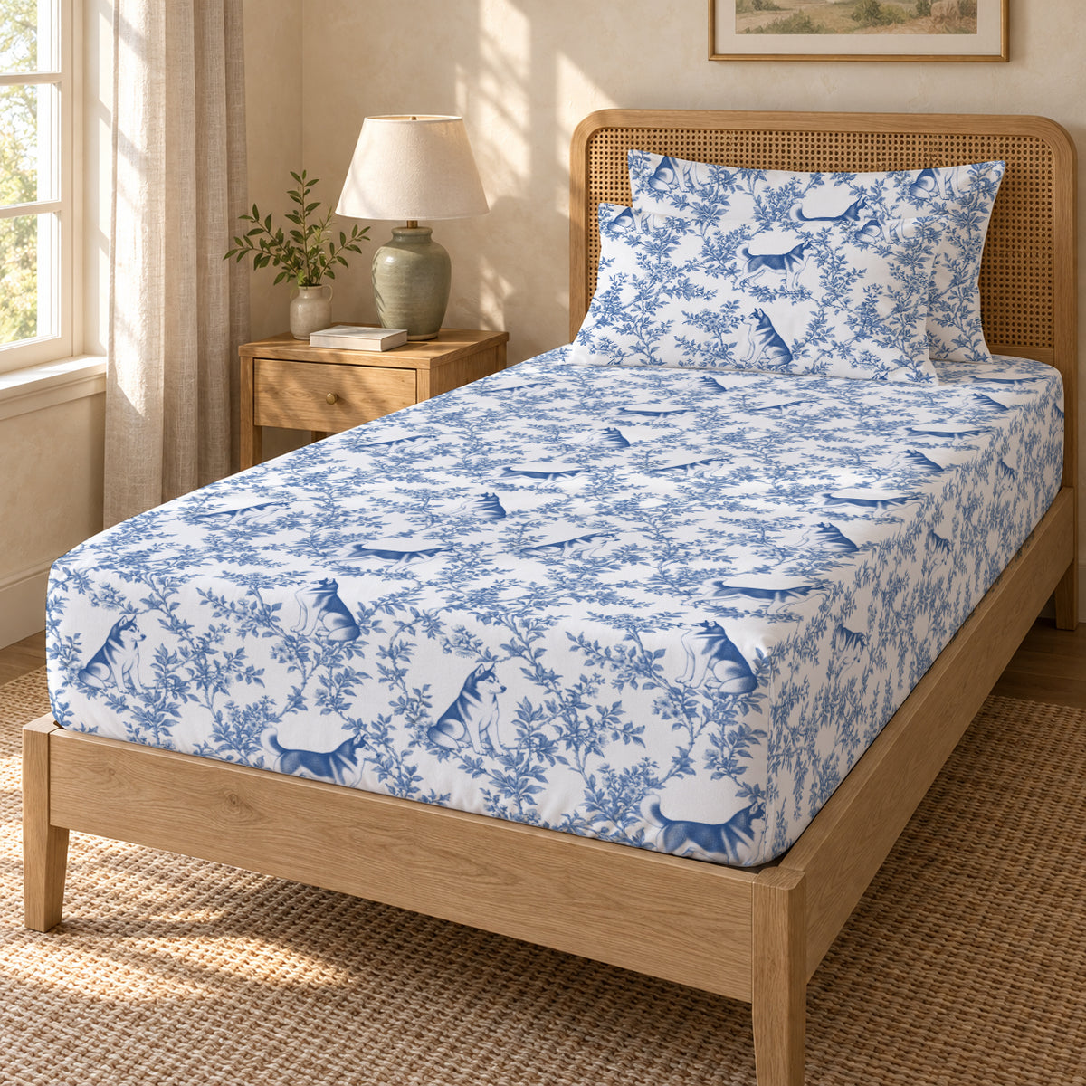 Siberian Husky toile bedding in Blue — Twin Guest Room
