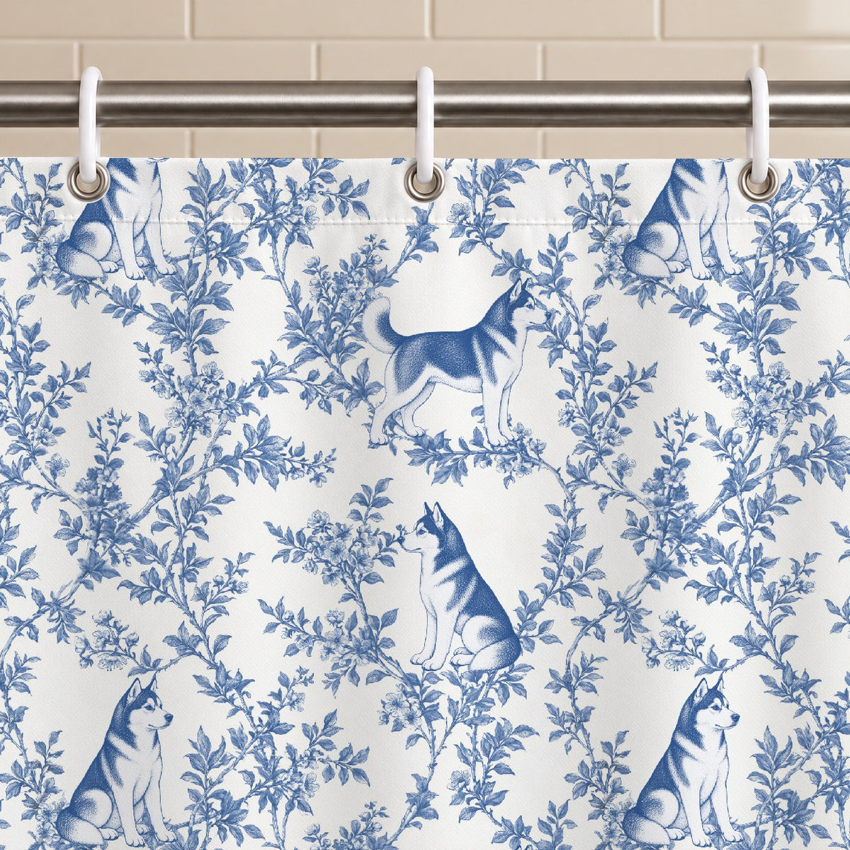 Siberian Husky toile shower curtain — Blue Grommets and Hooks