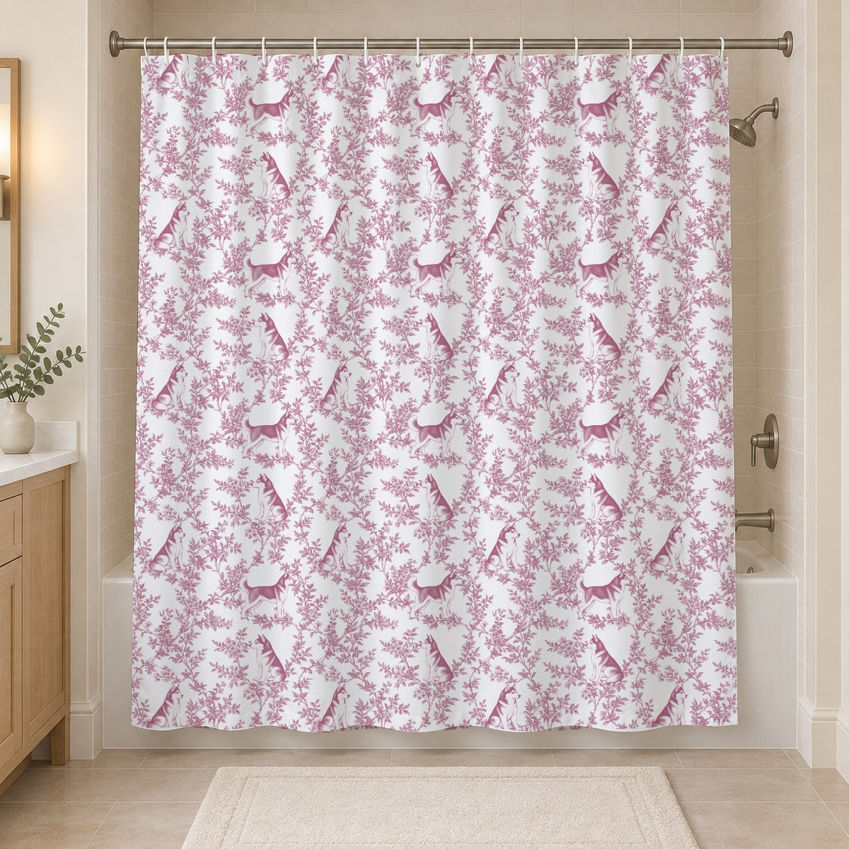Siberian Husky toile shower curtain — Pink Hero