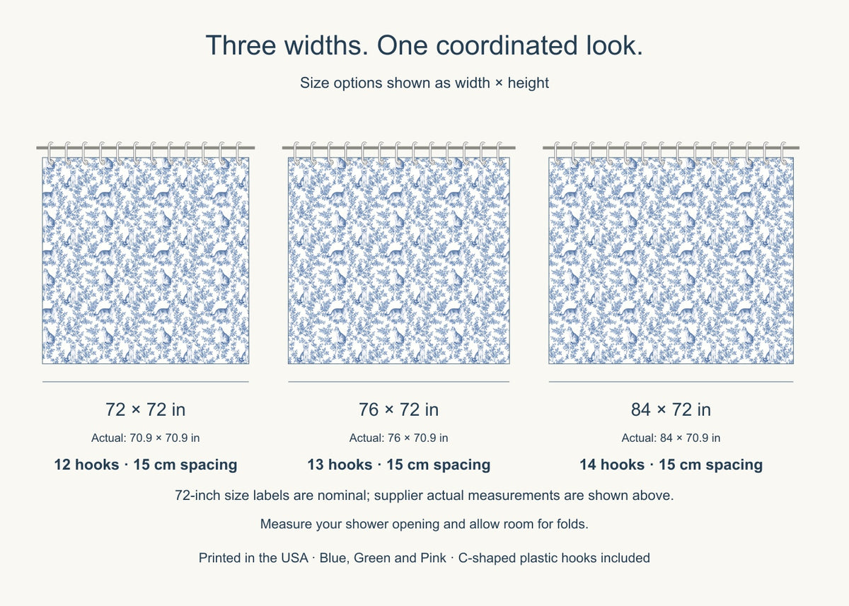 Singapura toile shower curtain — Blue US Size Comparison