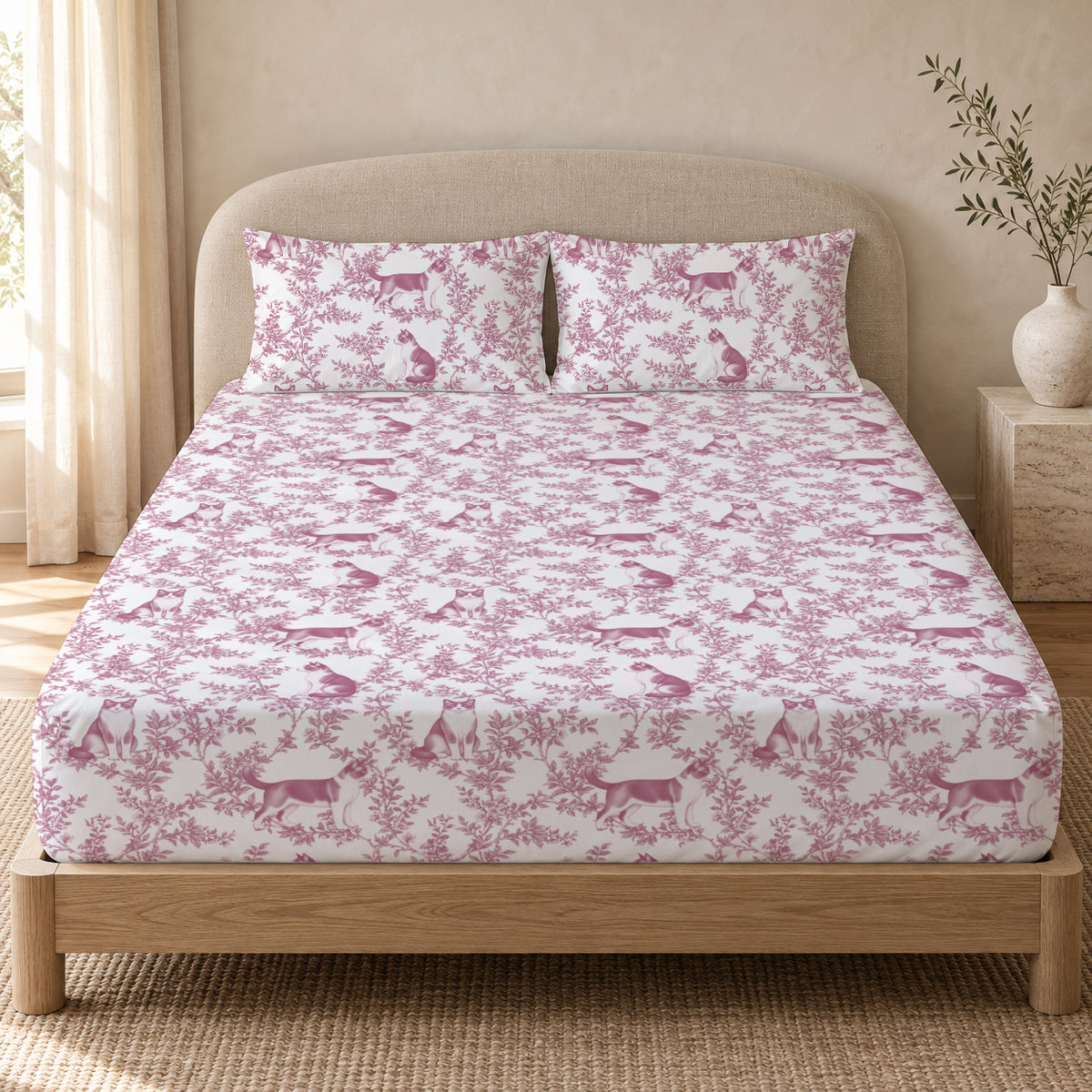 Snowshoe toile bedding in Pink — Queen Bedroom