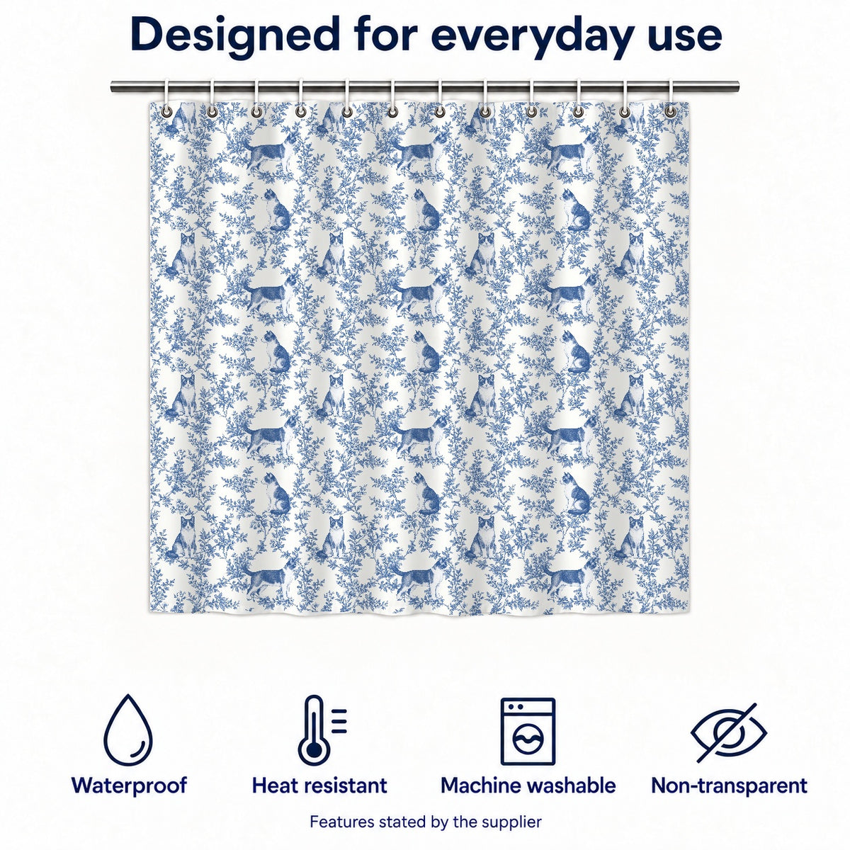 Snowshoe toile shower curtain — Blue Functions and Size