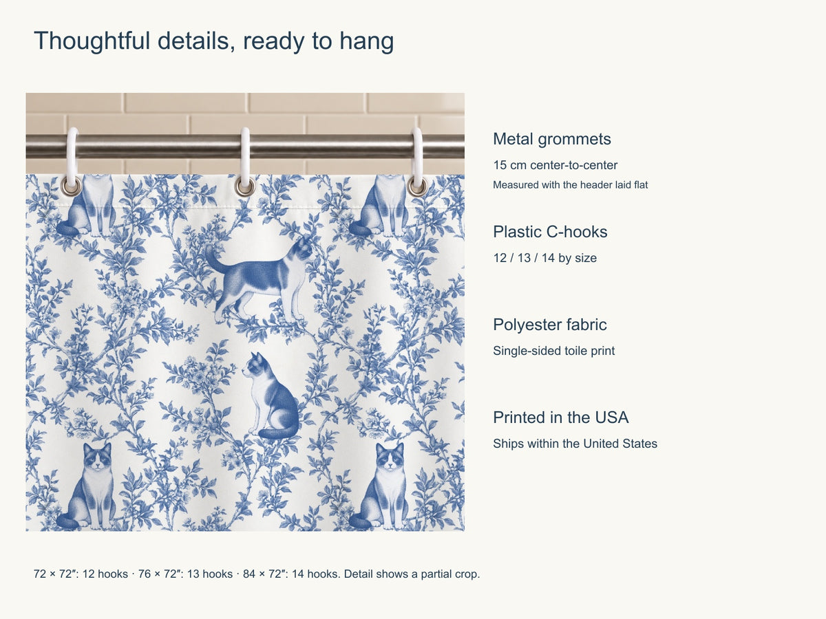 Snowshoe toile shower curtain — Blue Product Features