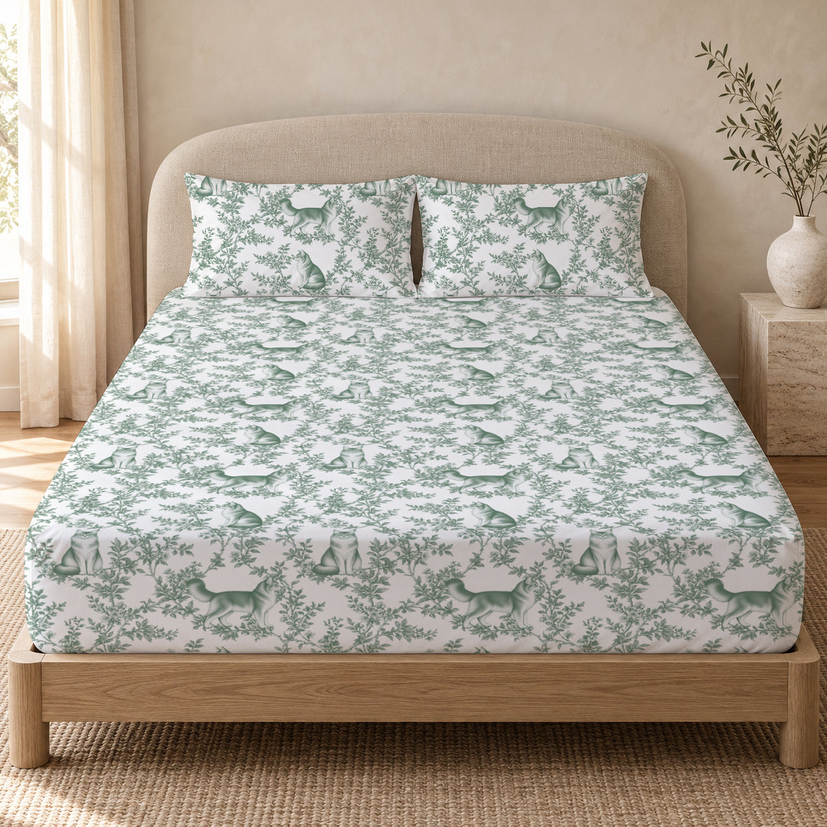 Somali toile bedding in Green — Queen Bedroom