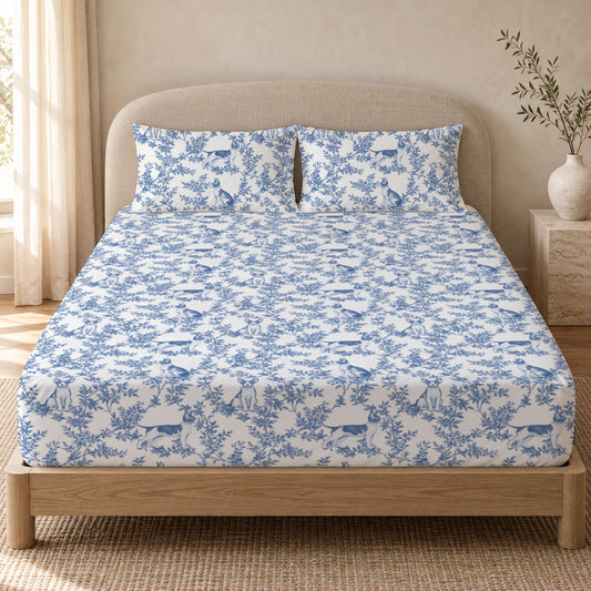 Sphynx toile bedding in Blue — Queen Bedroom