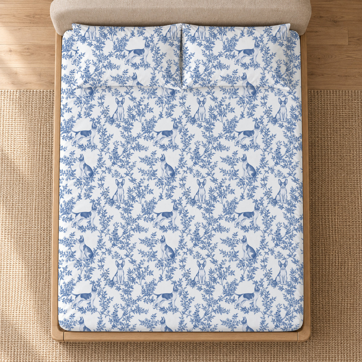 Sphynx toile bedding in Blue — Overhead