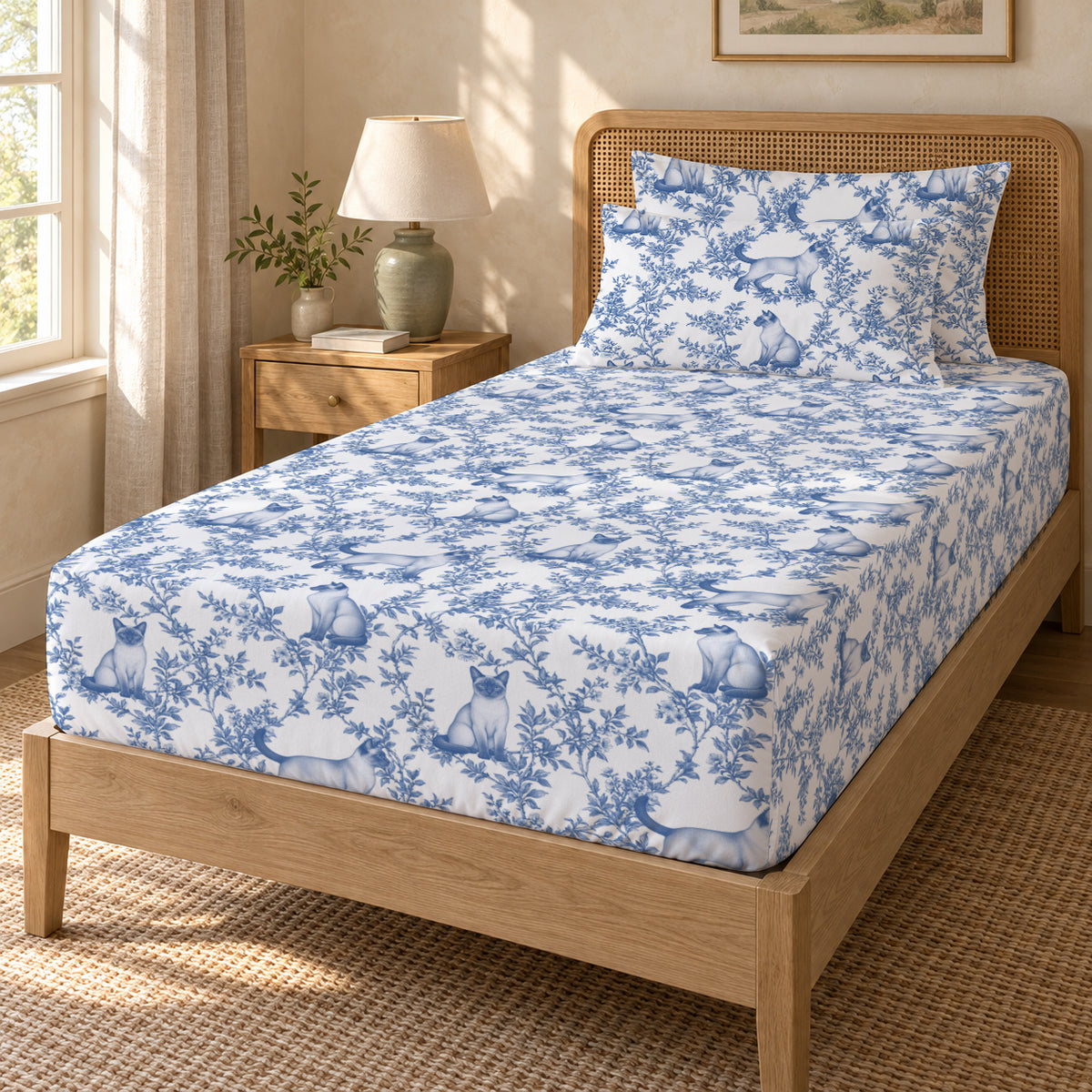 Tonkinese toile bedding in Blue — Twin Guest Room