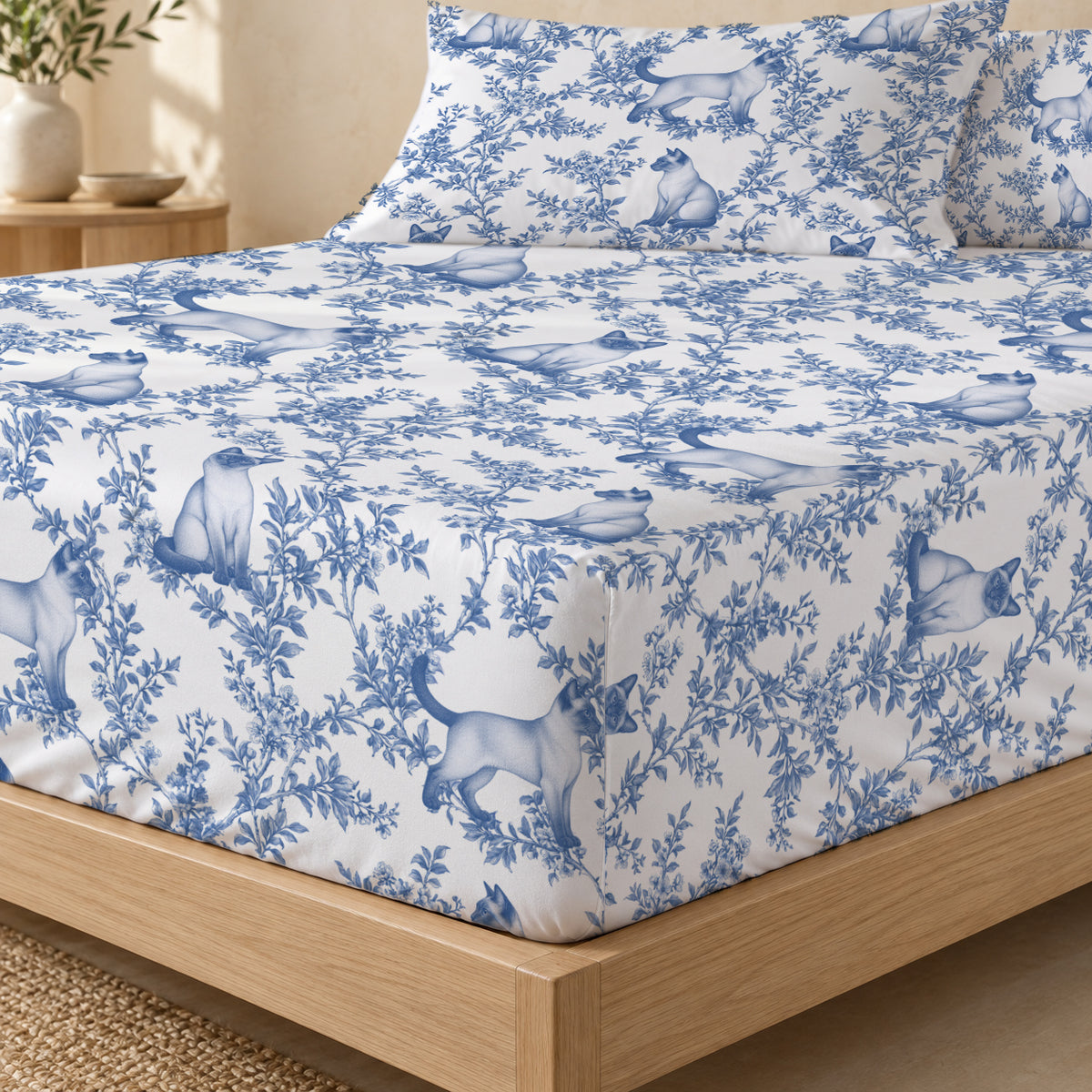 Tonkinese toile bedding in Blue — Fitted Corner
