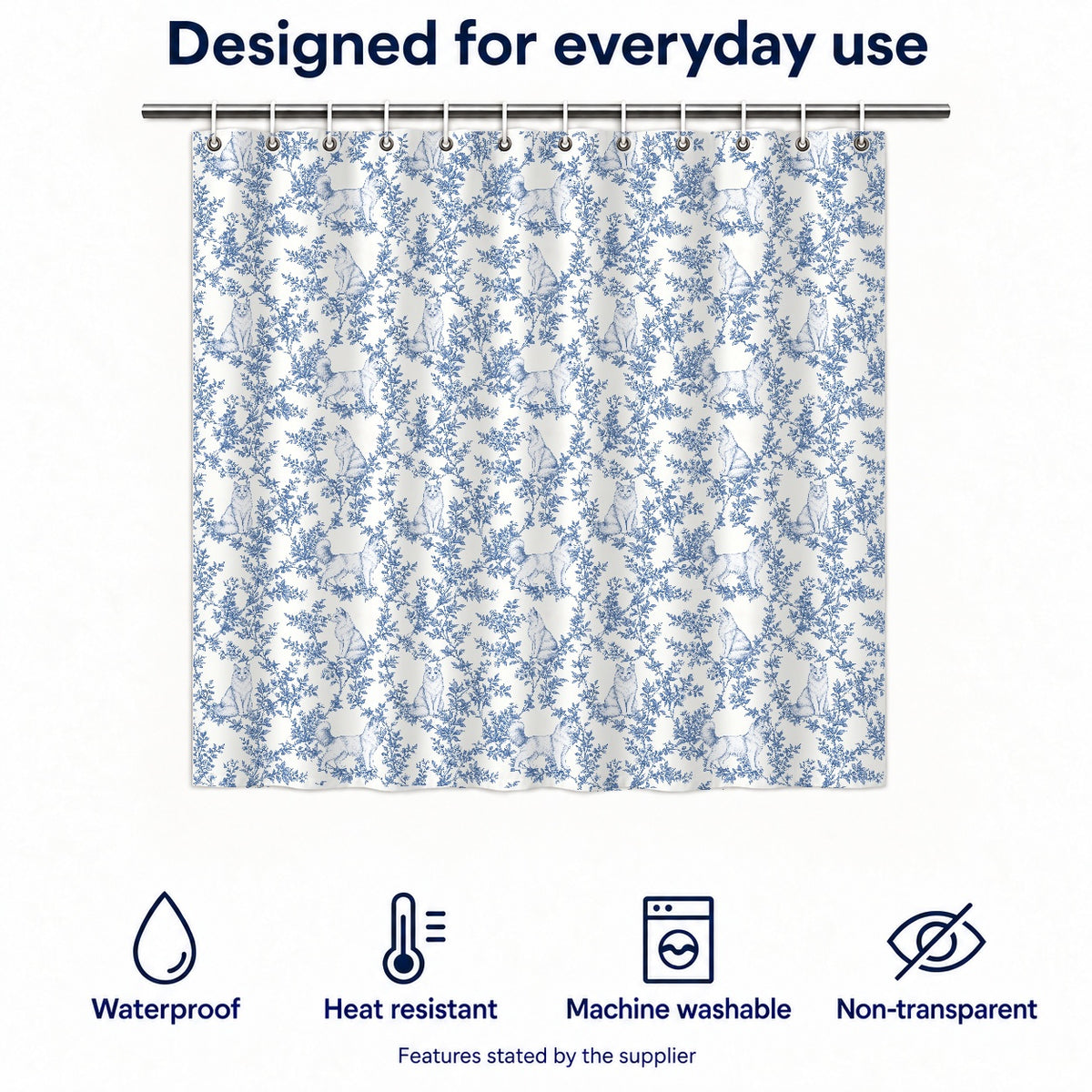 Turkish Angora toile shower curtain — Blue Functions and Size
