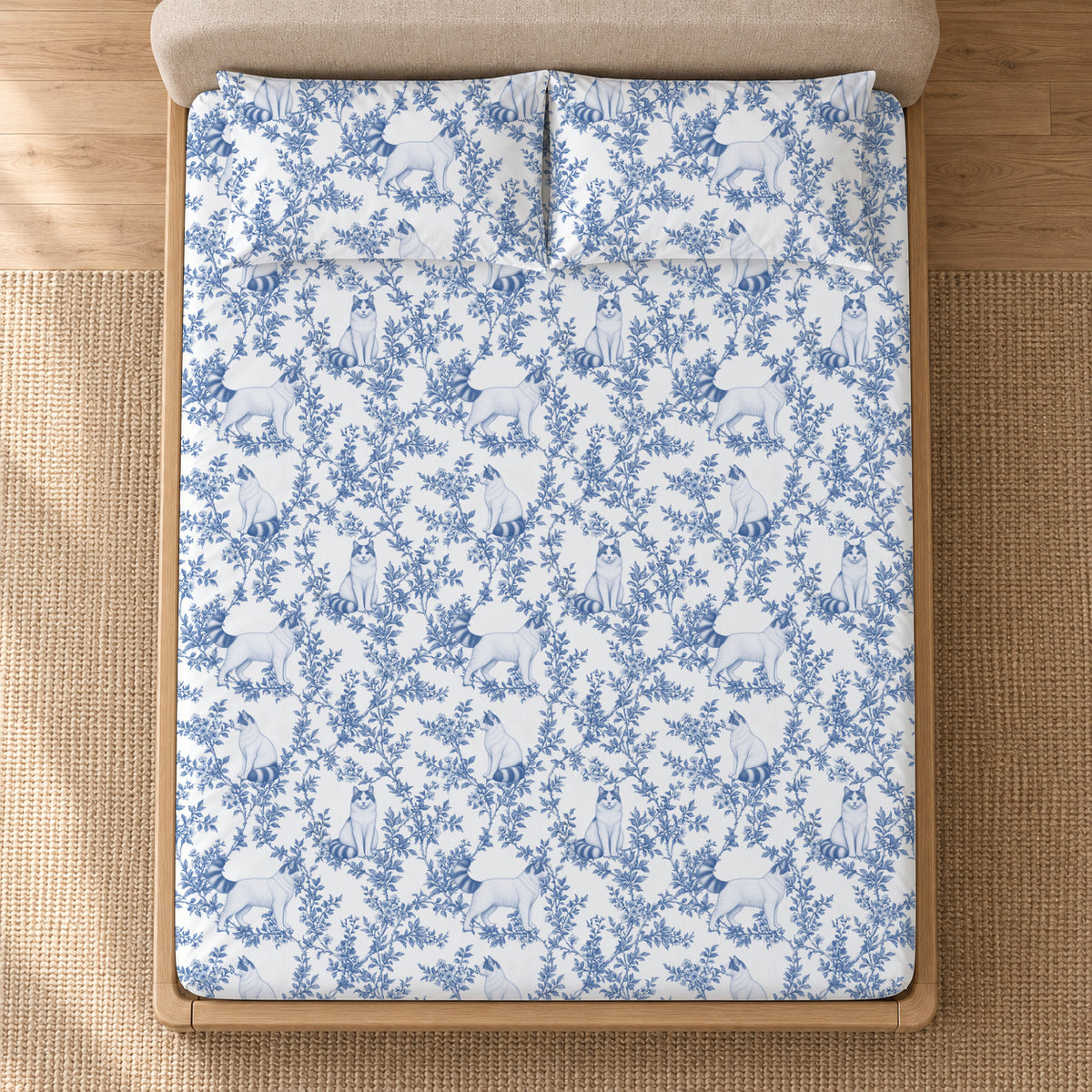 Turkish Van toile bedding in Blue — Overhead